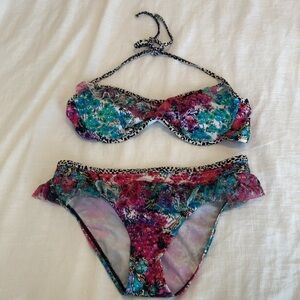 Kenneth Cole floral & Leopard print ruffle bikini